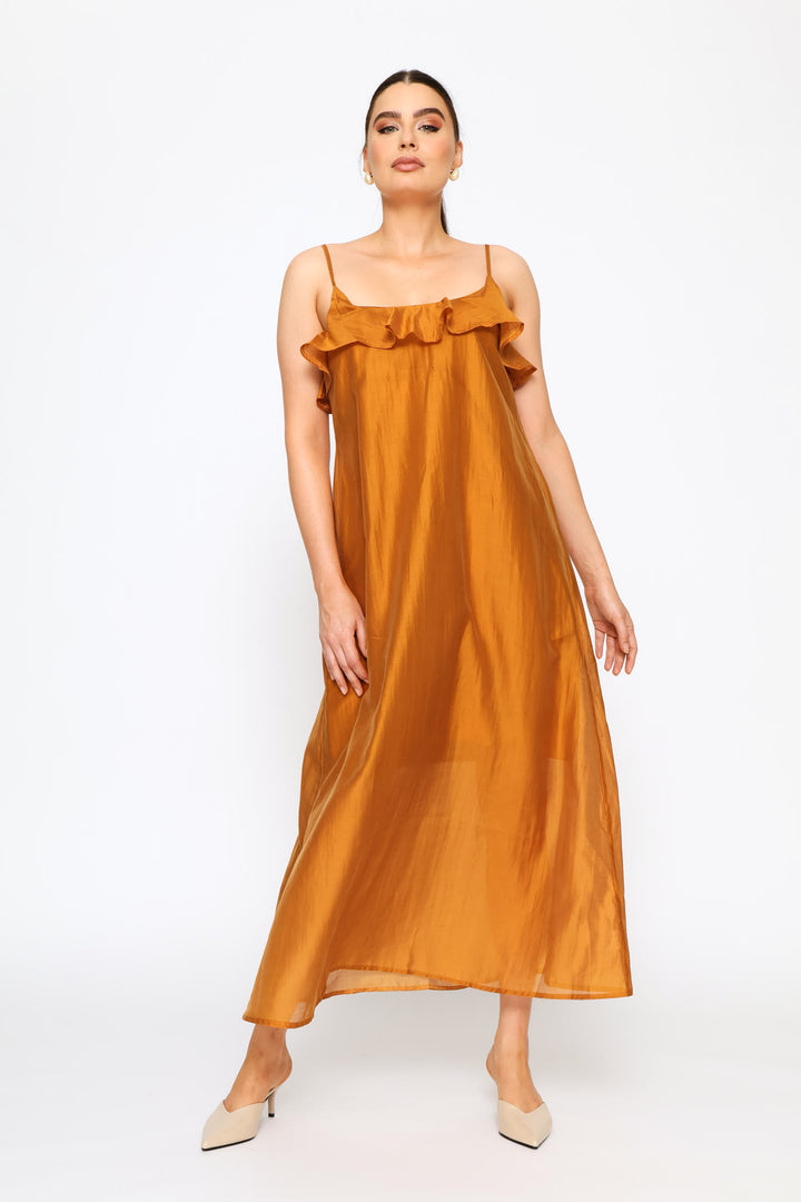 Strappy Frill Neck Slip Midaxi Dress - Brandy