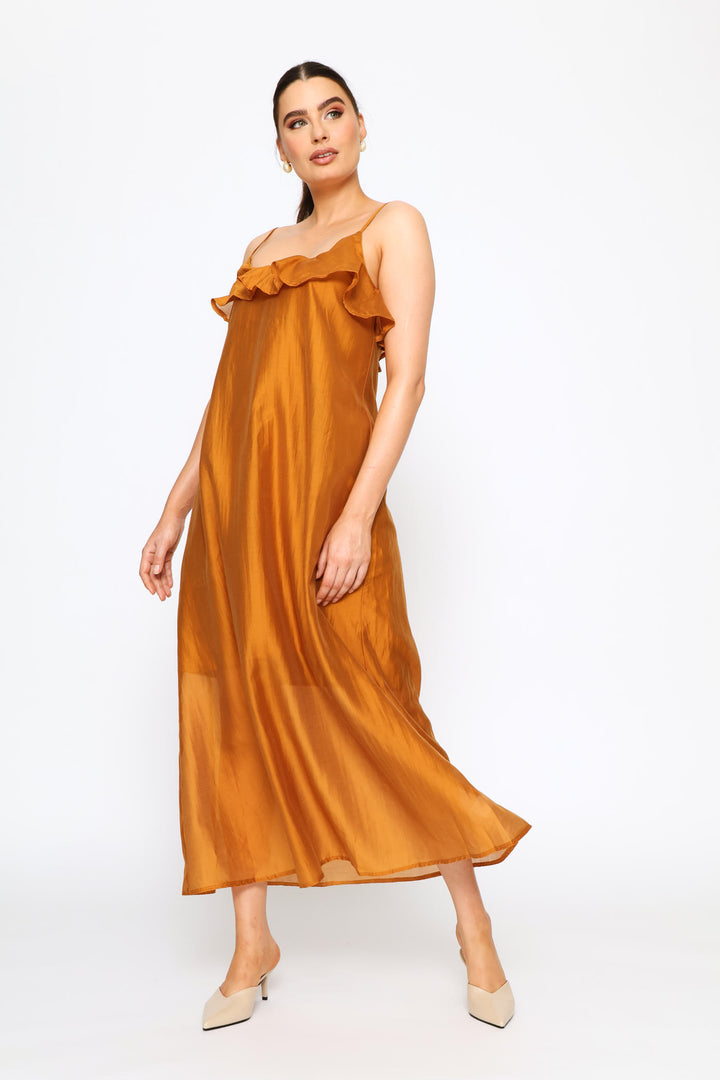 Strappy Frill Neck Slip Midaxi Dress - Brandy