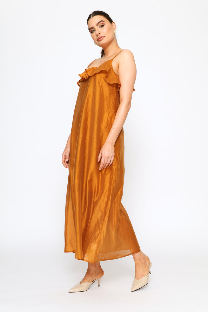 Strappy Frill Neck Slip Midaxi Dress - Brandy