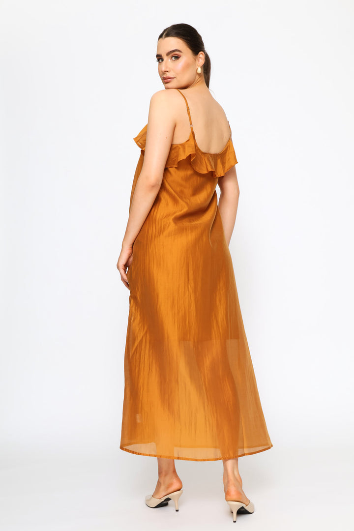 Strappy Frill Neck Slip Midaxi Dress - Brandy