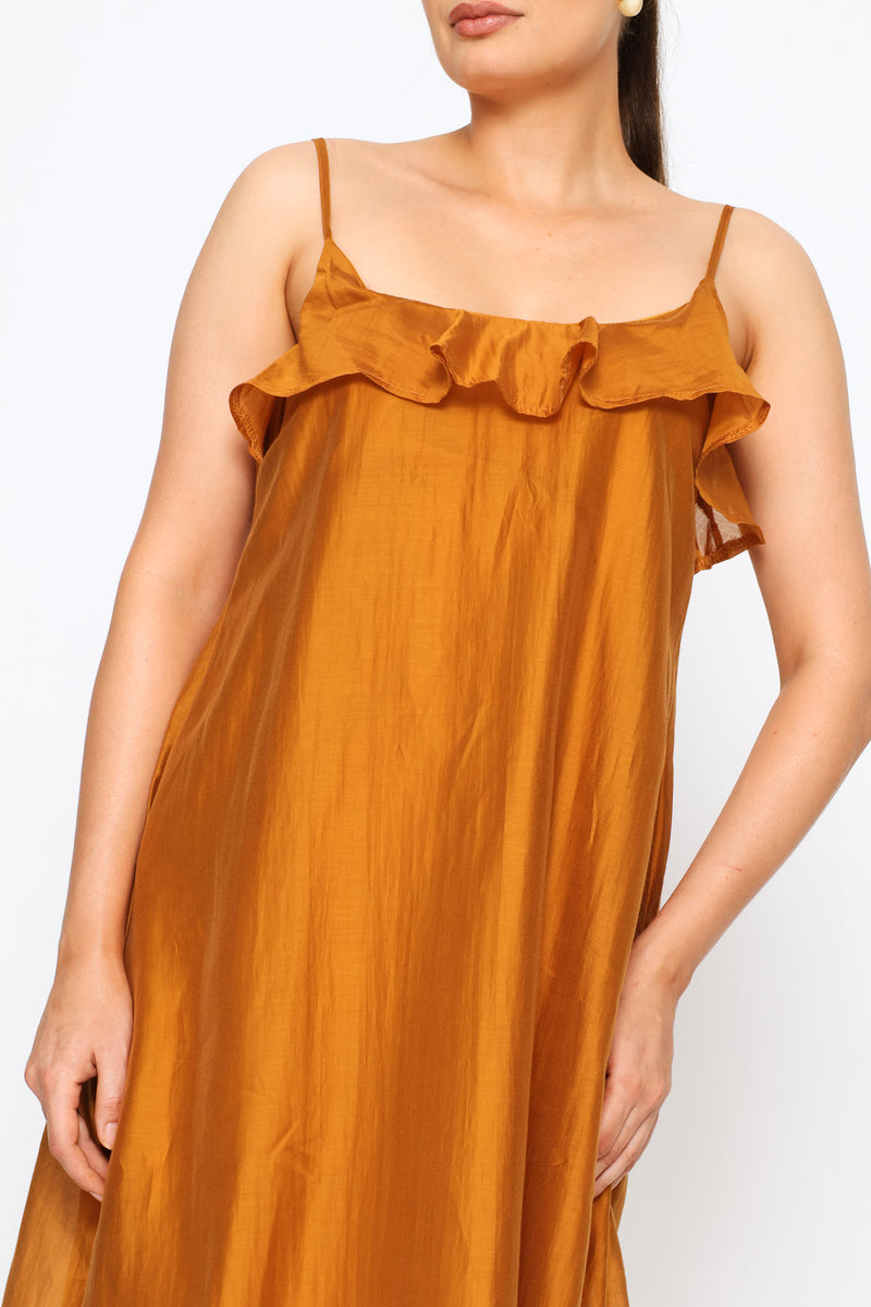 Strappy Frill Neck Slip Midaxi Dress - Brandy