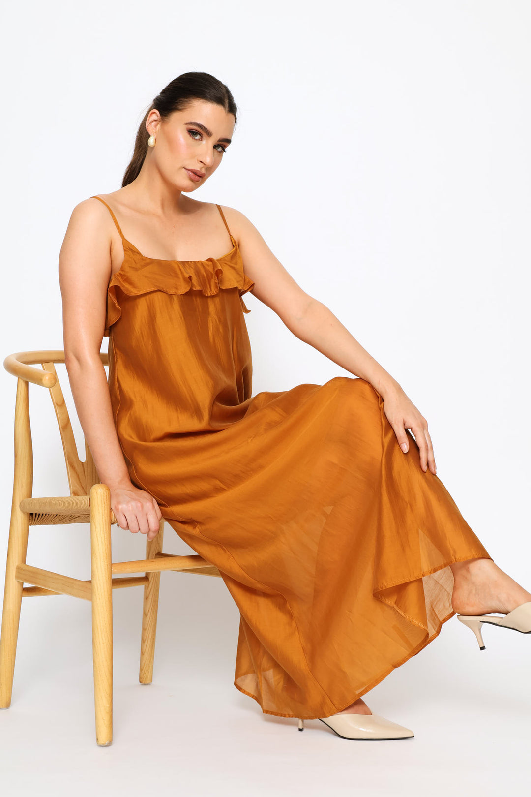 Strappy Frill Neck Slip Midaxi Dress - Brandy