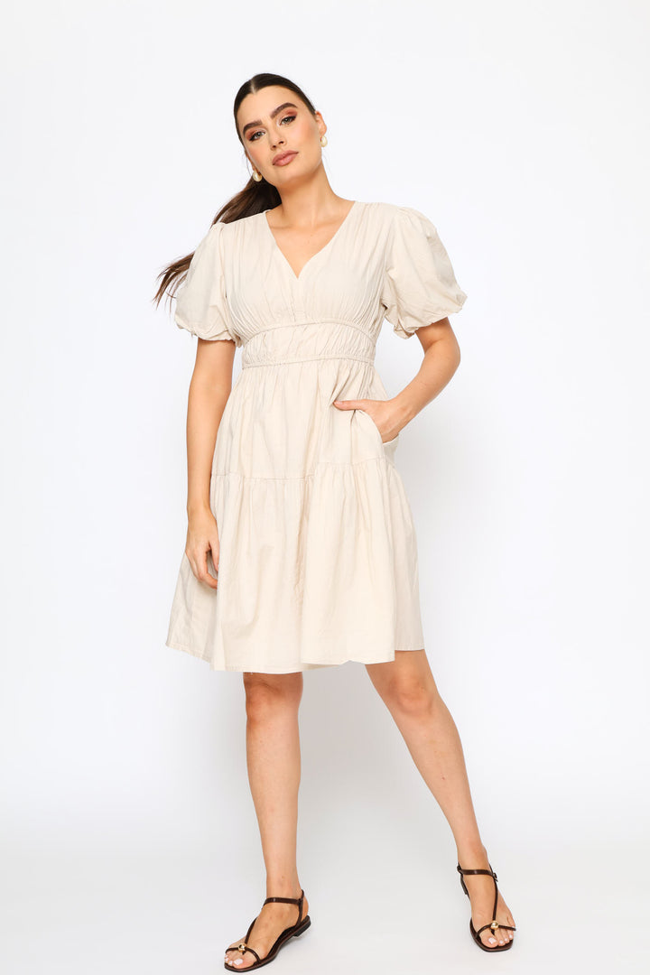 Bubble V-Neck Tiered Mini Dress - Light Stone