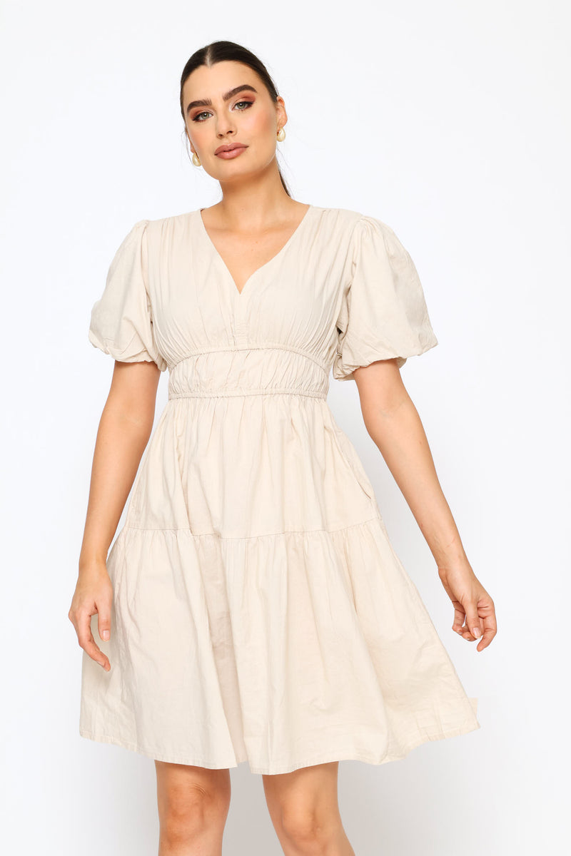 Bubble V-Neck Tiered Mini Dress - Light Stone