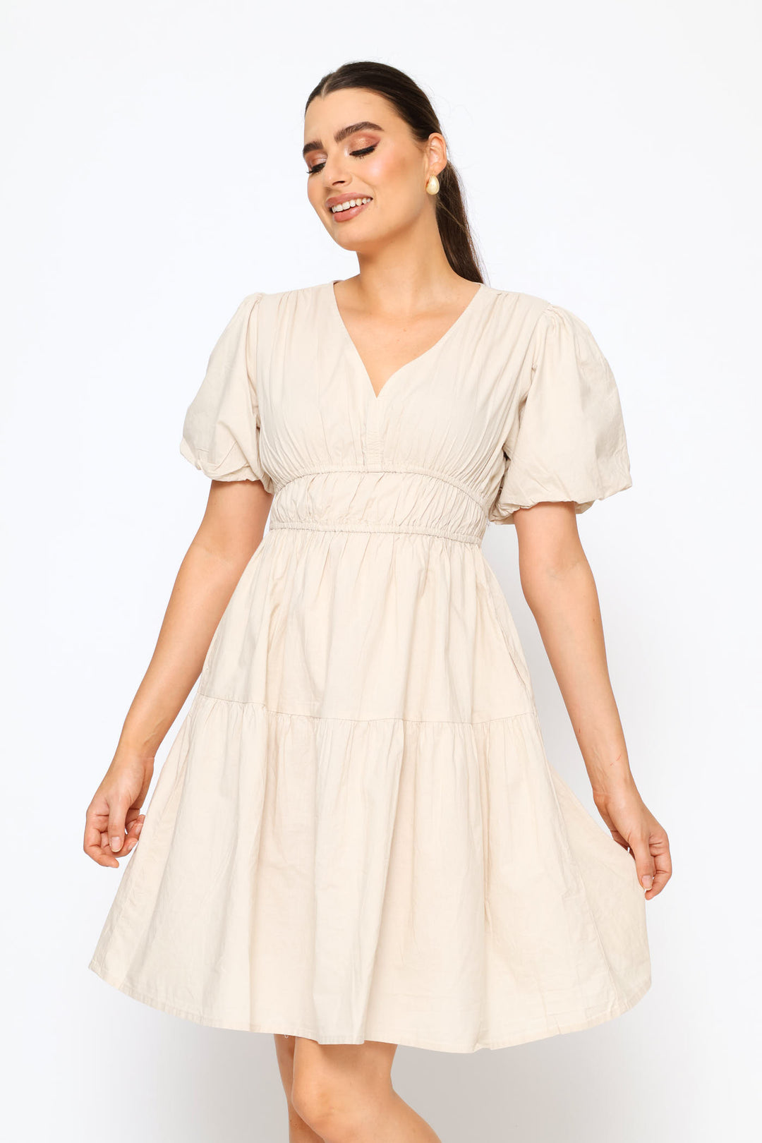 Bubble V-Neck Tiered Mini Dress - Light Stone