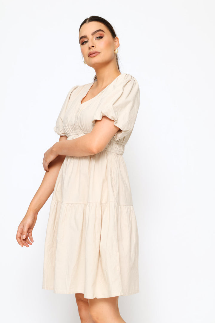 Bubble V-Neck Tiered Mini Dress - Light Stone