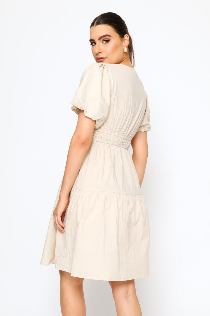 Bubble V-Neck Tiered Mini Dress - Light Stone