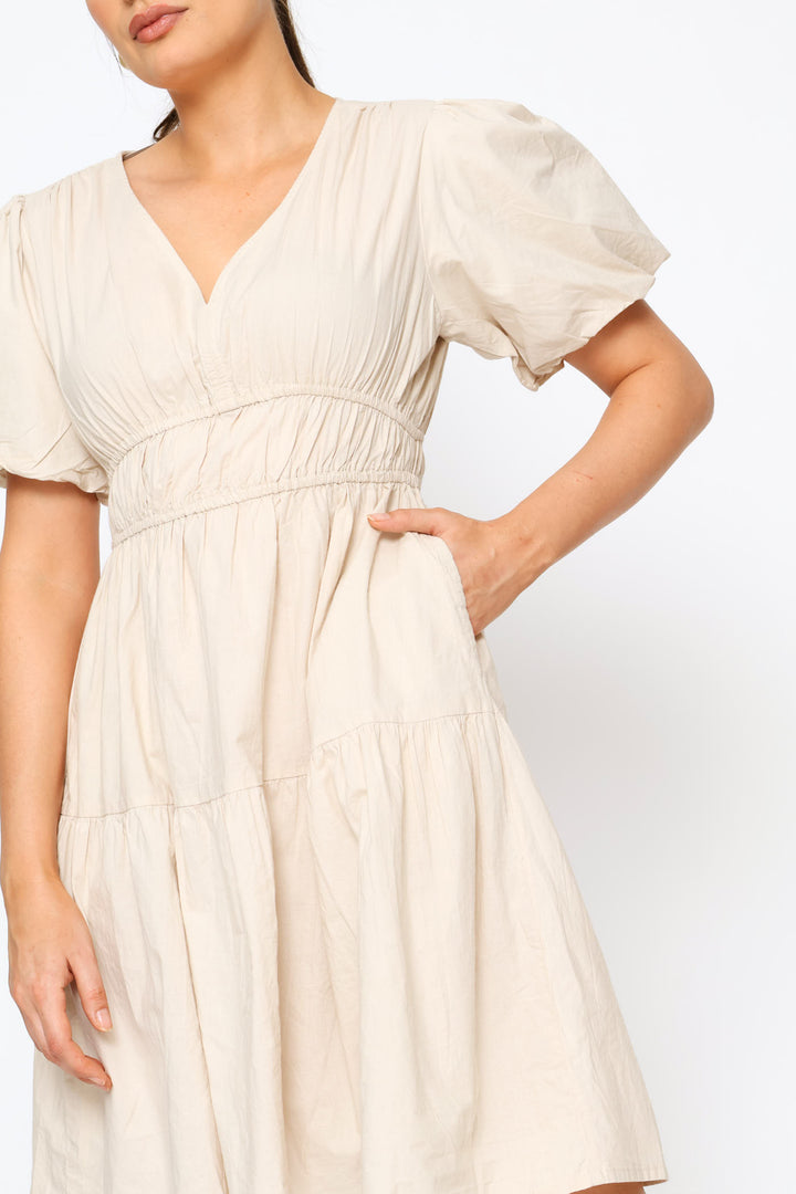 Bubble V-Neck Tiered Mini Dress - Light Stone