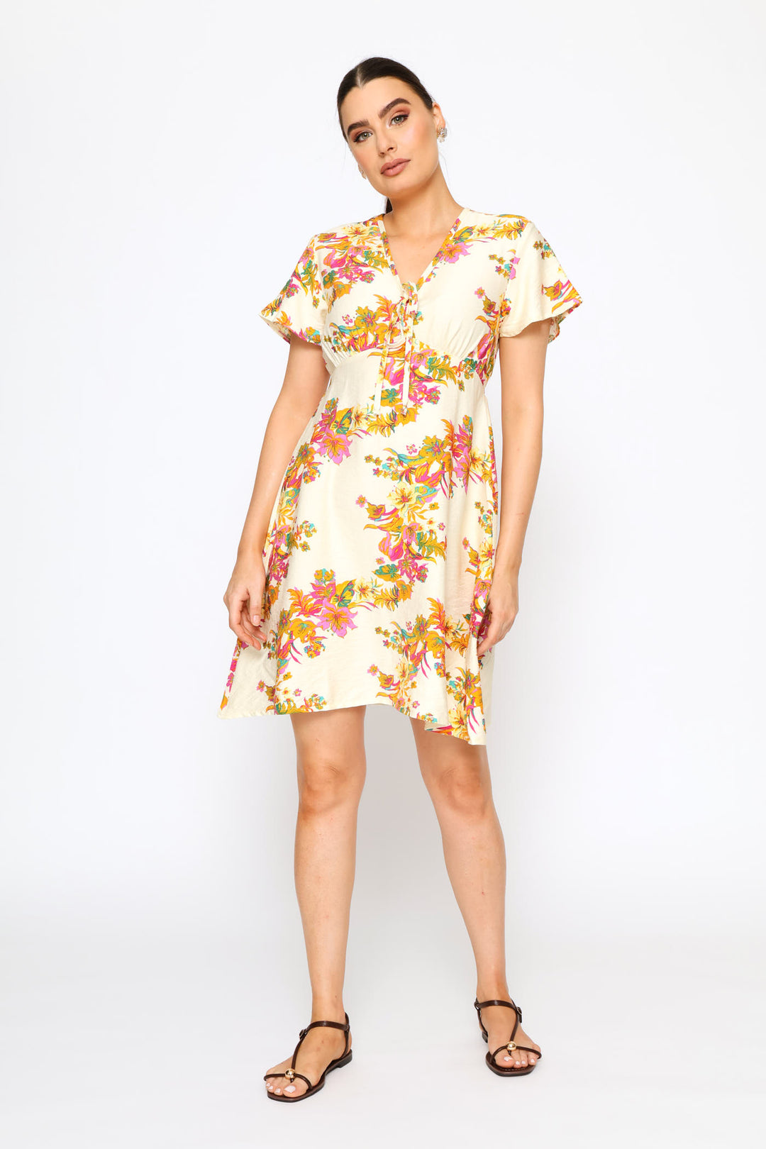 Flutter Sleeve V-Neck Flare Mini Dress - Cream