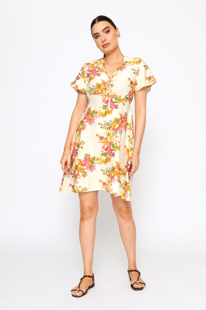 Flutter Sleeve V-Neck Flare Mini Dress - Cream