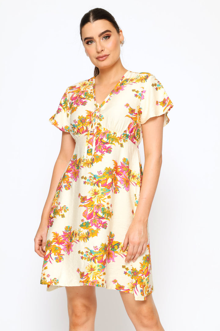 Flutter Sleeve V-Neck Flare Mini Dress - Cream