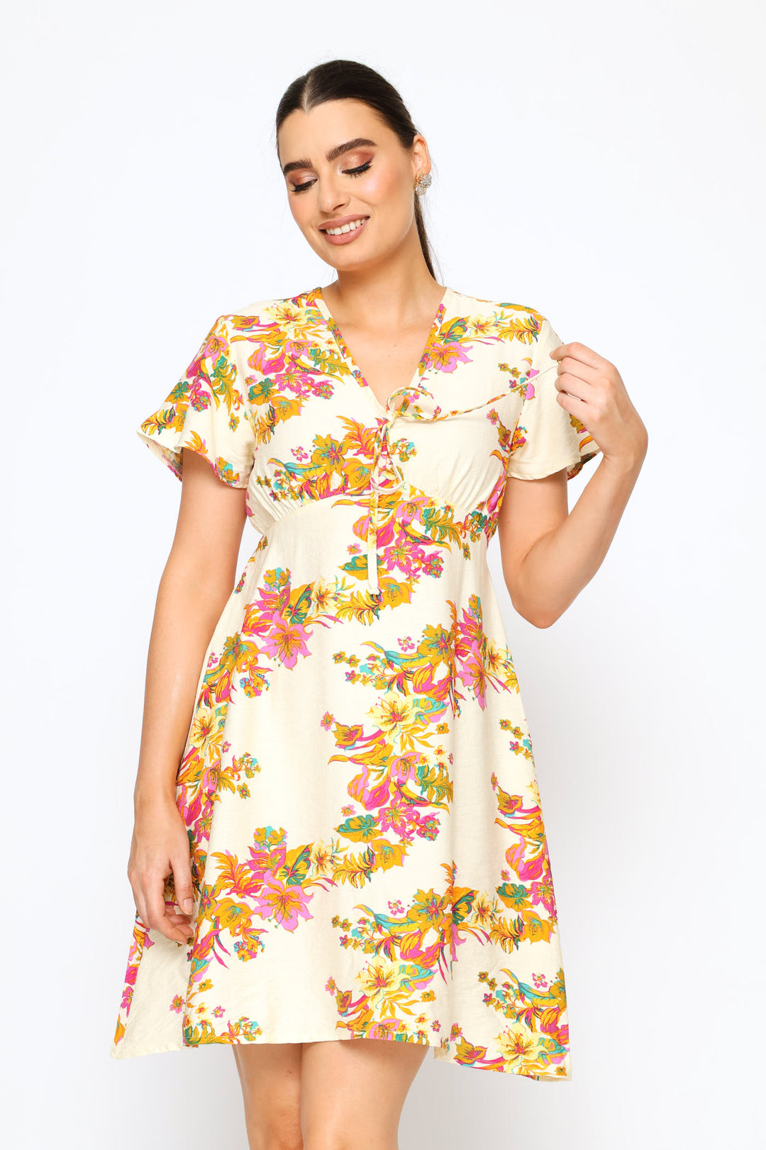 Flutter Sleeve V-Neck Flare Mini Dress - Cream