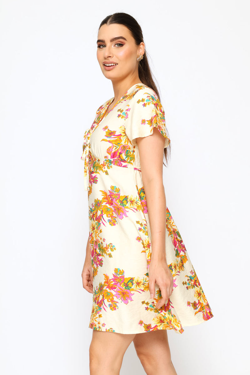 Flutter Sleeve V-Neck Flare Mini Dress - Cream