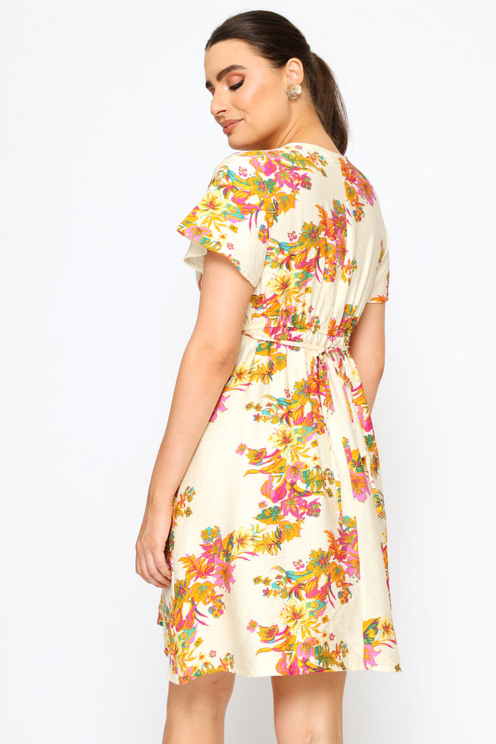 Flutter Sleeve V-Neck Flare Mini Dress - Cream