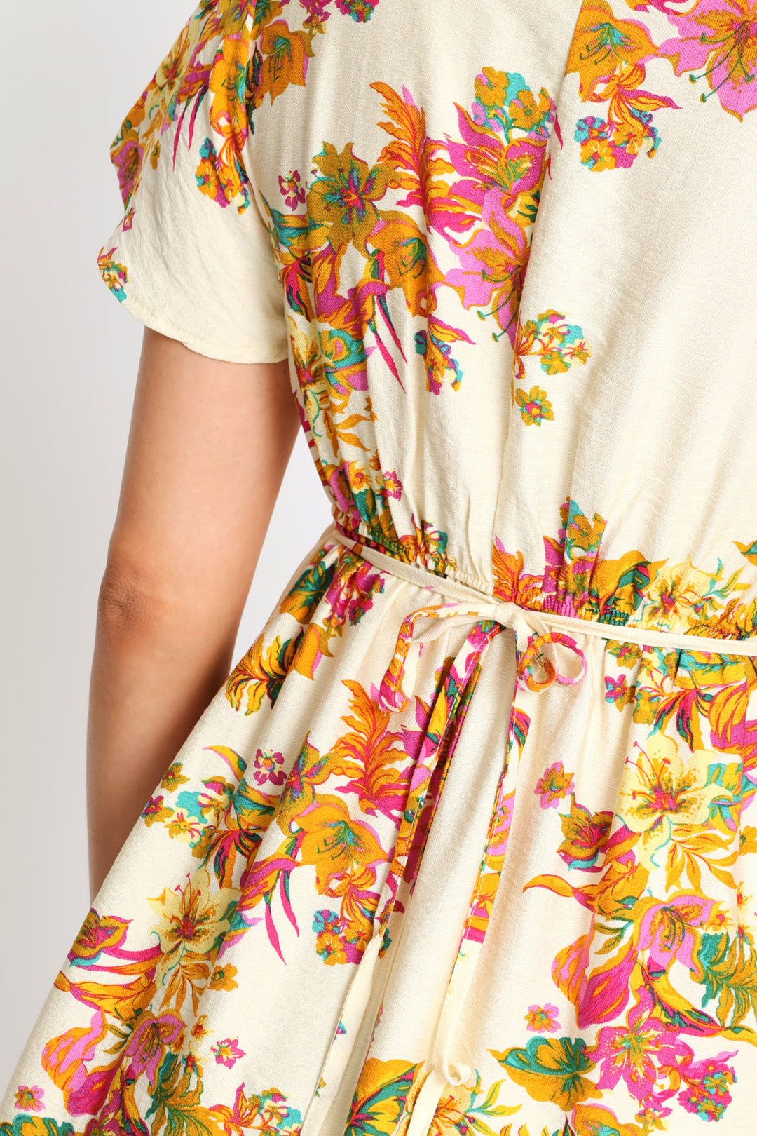 Flutter Sleeve V-Neck Flare Mini Dress - Cream