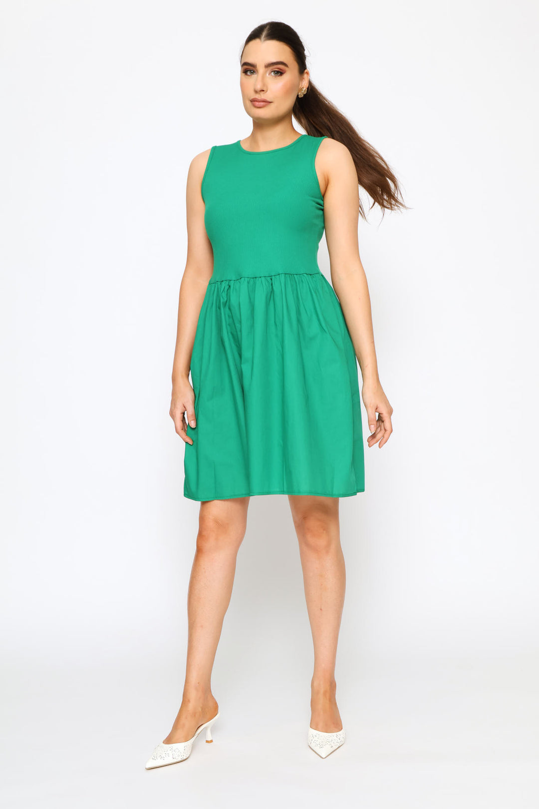 Rib Combo Babydoll Mini Dress - Emerald