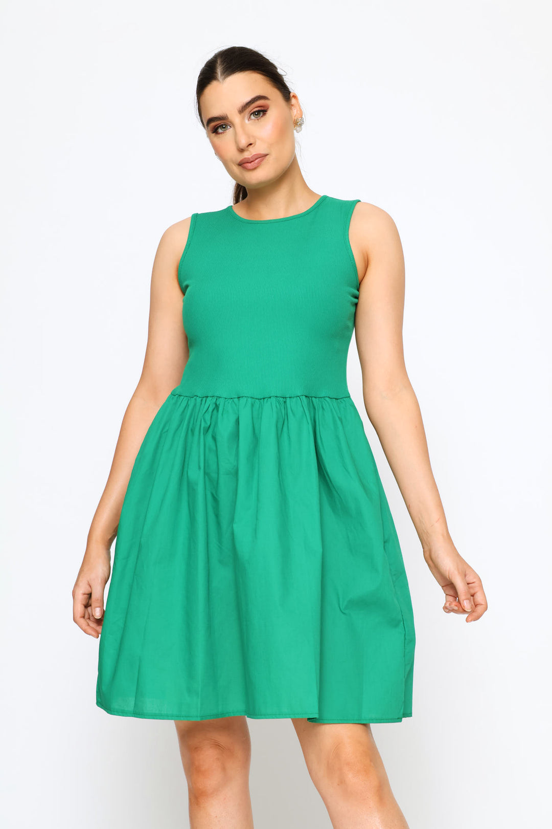 Rib Combo Babydoll Mini Dress - Emerald