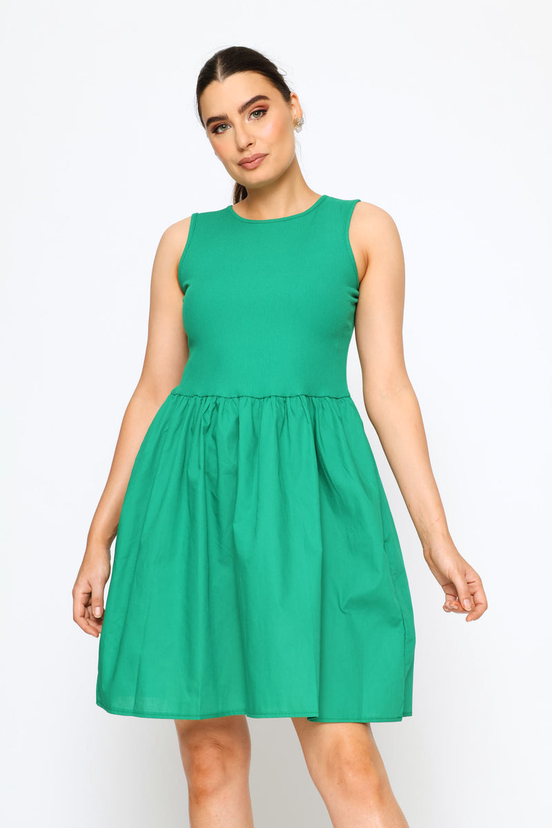 Rib Combo Babydoll Mini Dress - Emerald