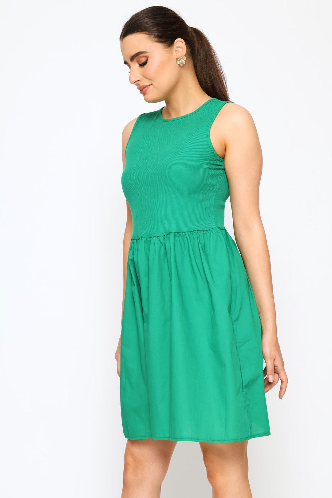 Rib Combo Babydoll Mini Dress - Emerald