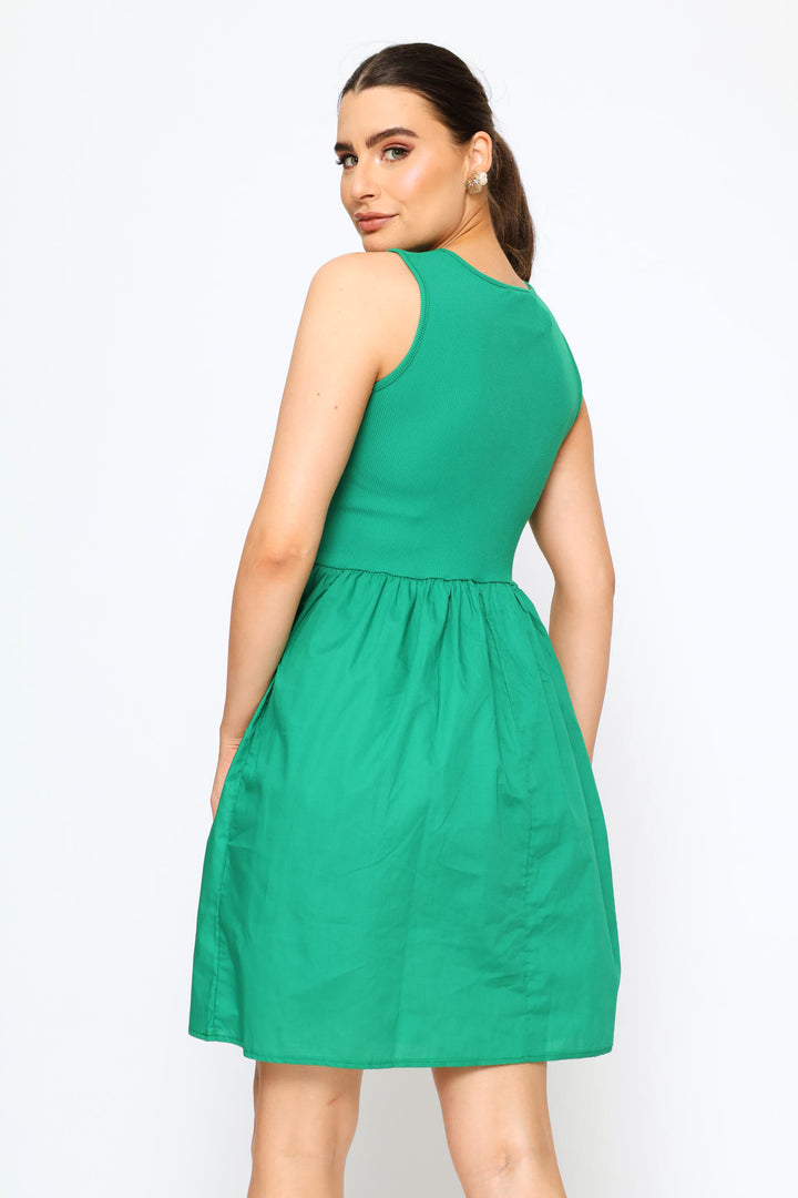 Rib Combo Babydoll Mini Dress - Emerald