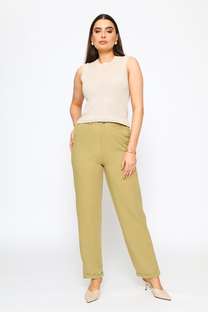 Half Back Elastic Linen Trouser - Light Fatigue