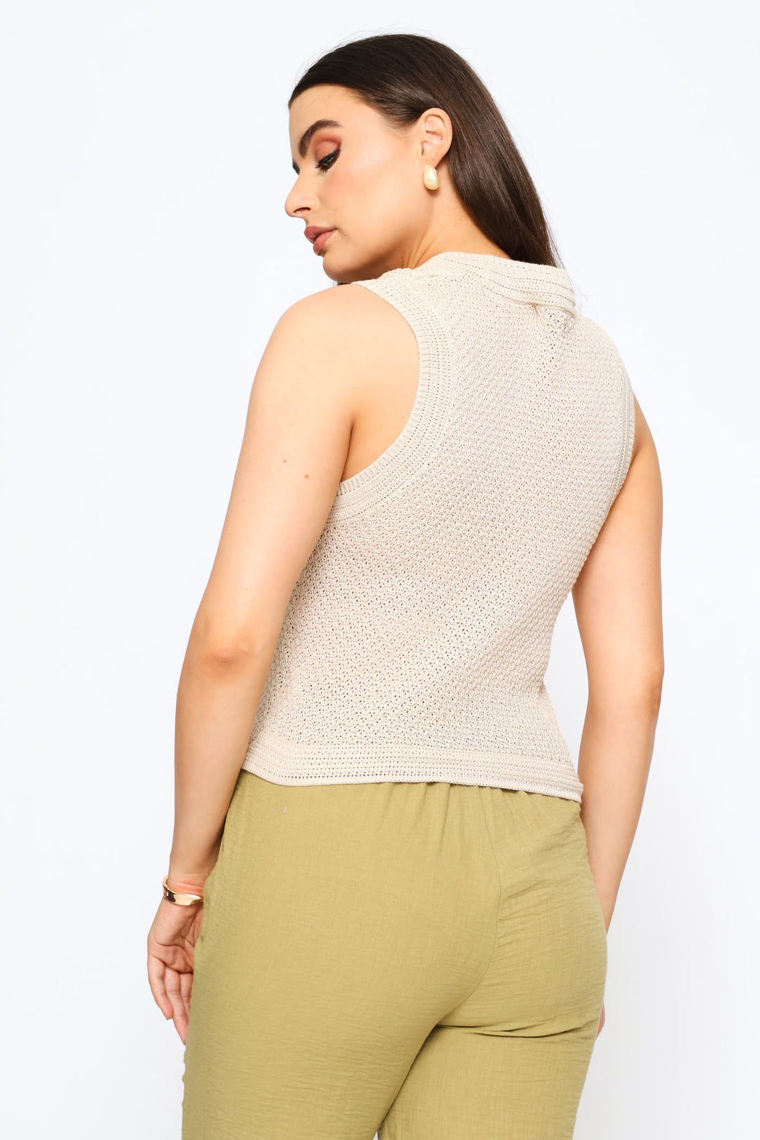 Ottoman Stitch Detail Textured Knitwear Tank - Light Stone
