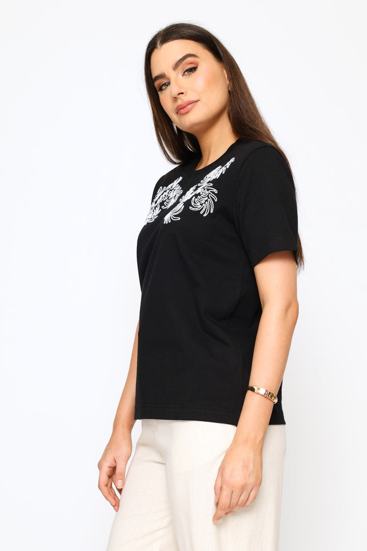 Cornelli Shoulder Detail Tee - Black