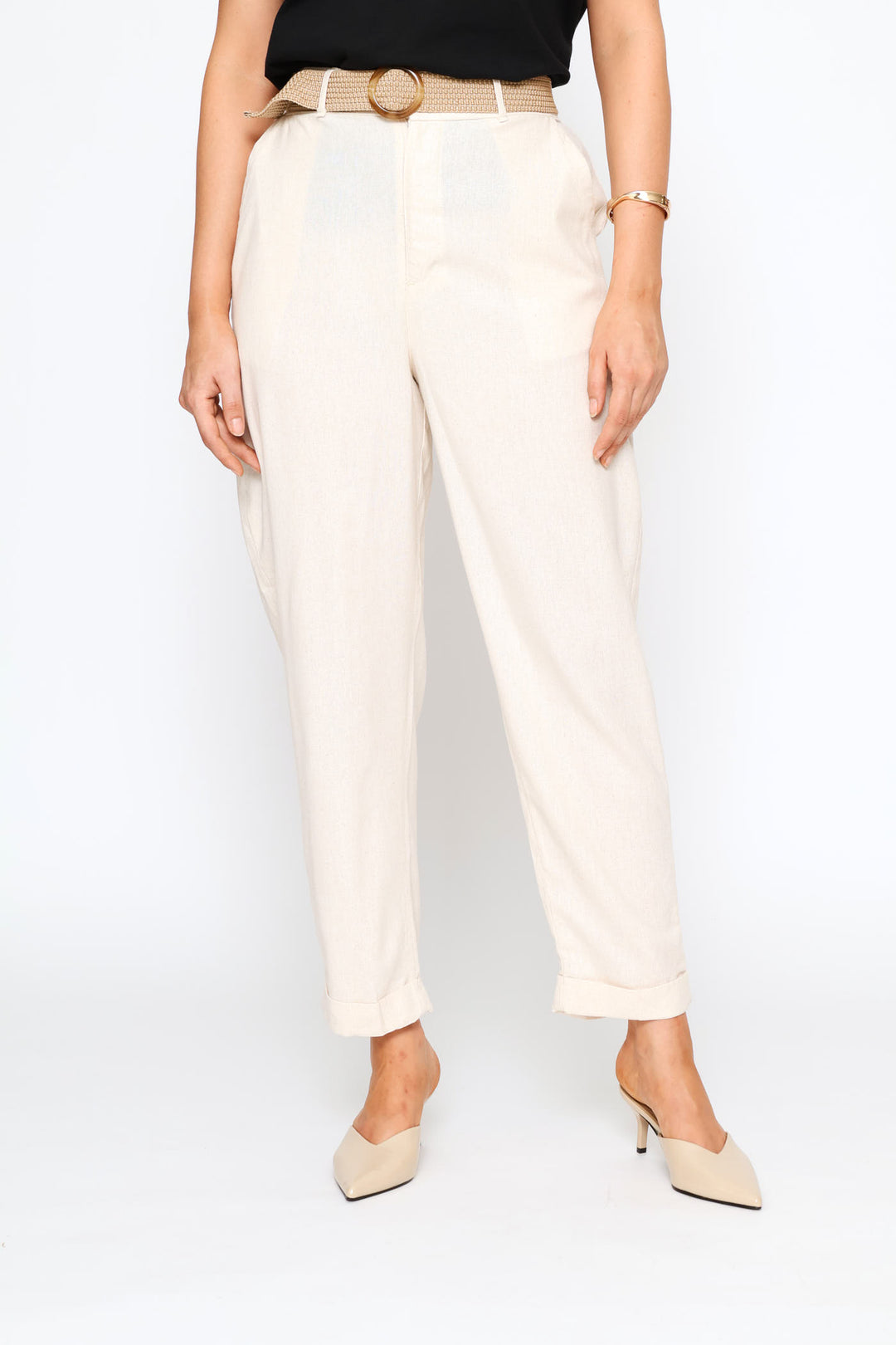 Raffia Belted Tapered Trouser - Oatmeal Melange