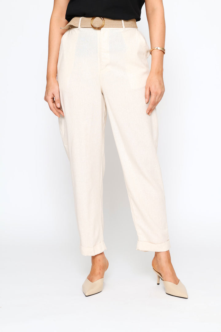 Raffia Belted Tapered Trouser - Oatmeal Melange