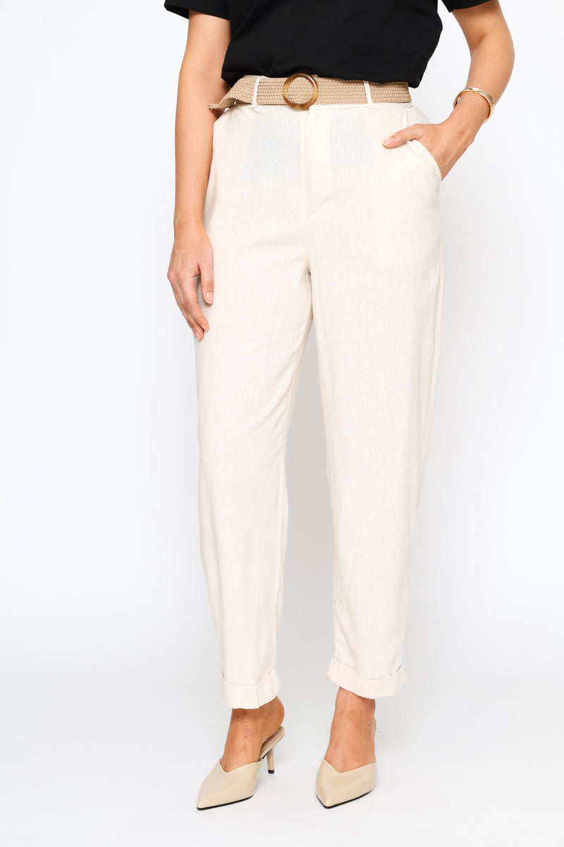 Raffia Belted Tapered Trouser - Oatmeal Melange