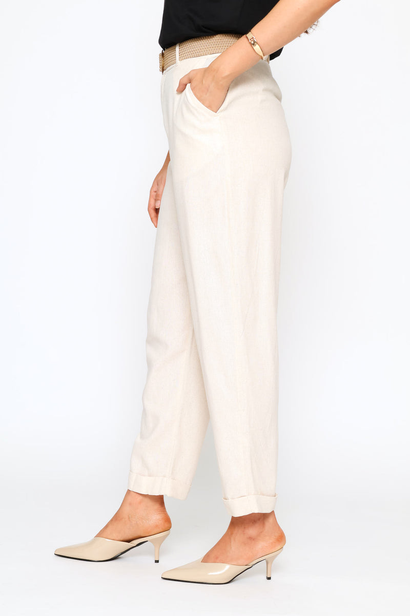 Raffia Belted Tapered Trouser - Oatmeal Melange