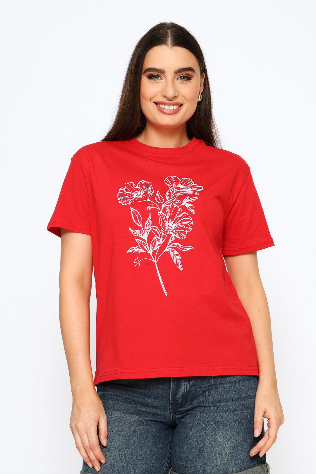 Floral Line Art Tee - Red