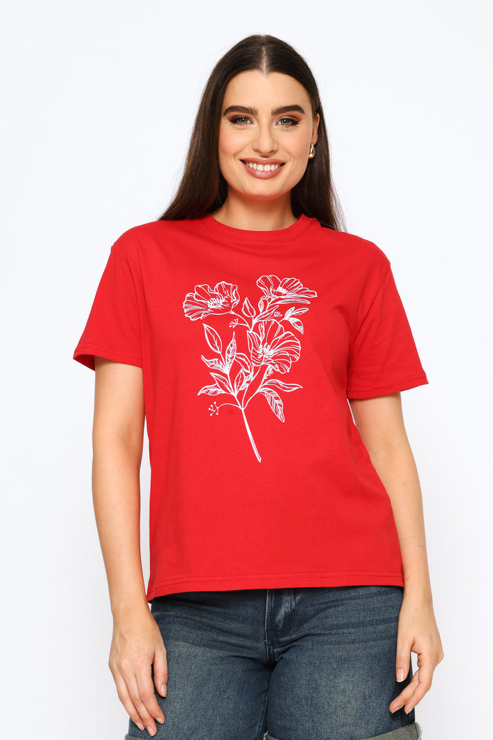 Floral Line Art Tee - Red