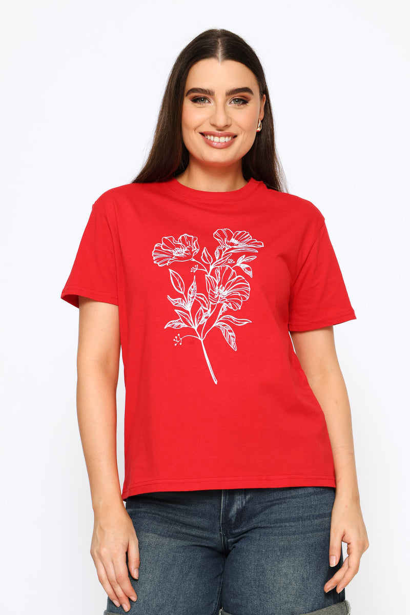 Floral Line Art Tee - Red
