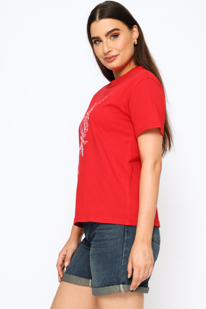 Floral Line Art Tee - Red