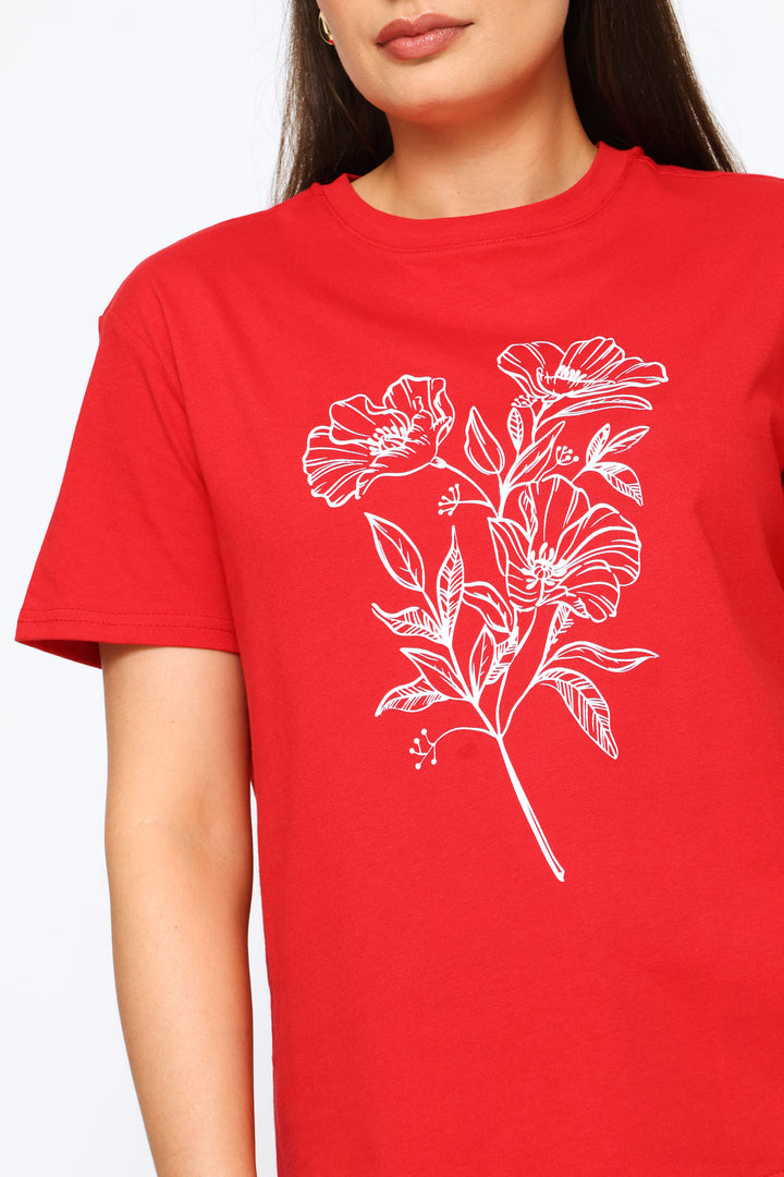Floral Line Art Tee - Red