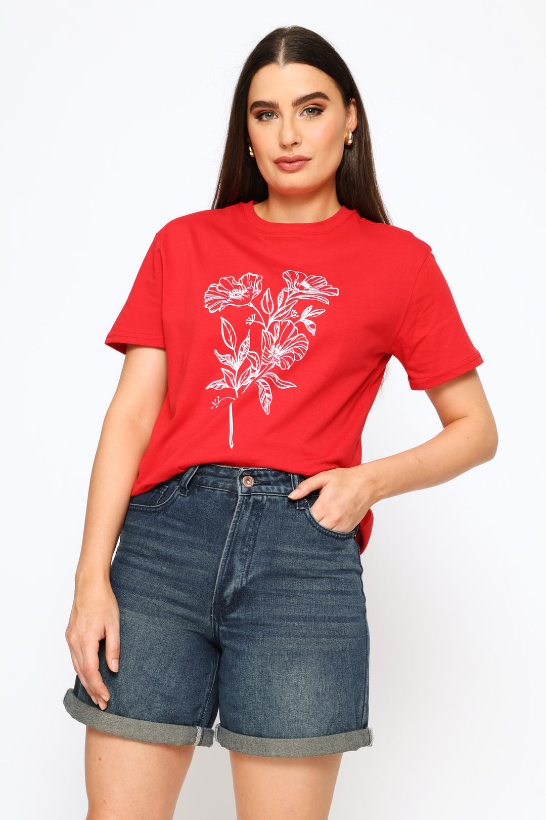 Floral Line Art Tee - Red