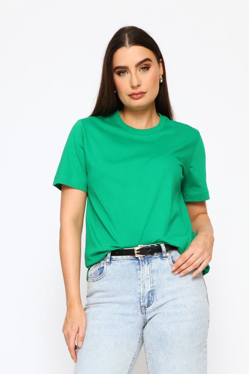 Rib Neck Cotton Boxy Tee - Emerald