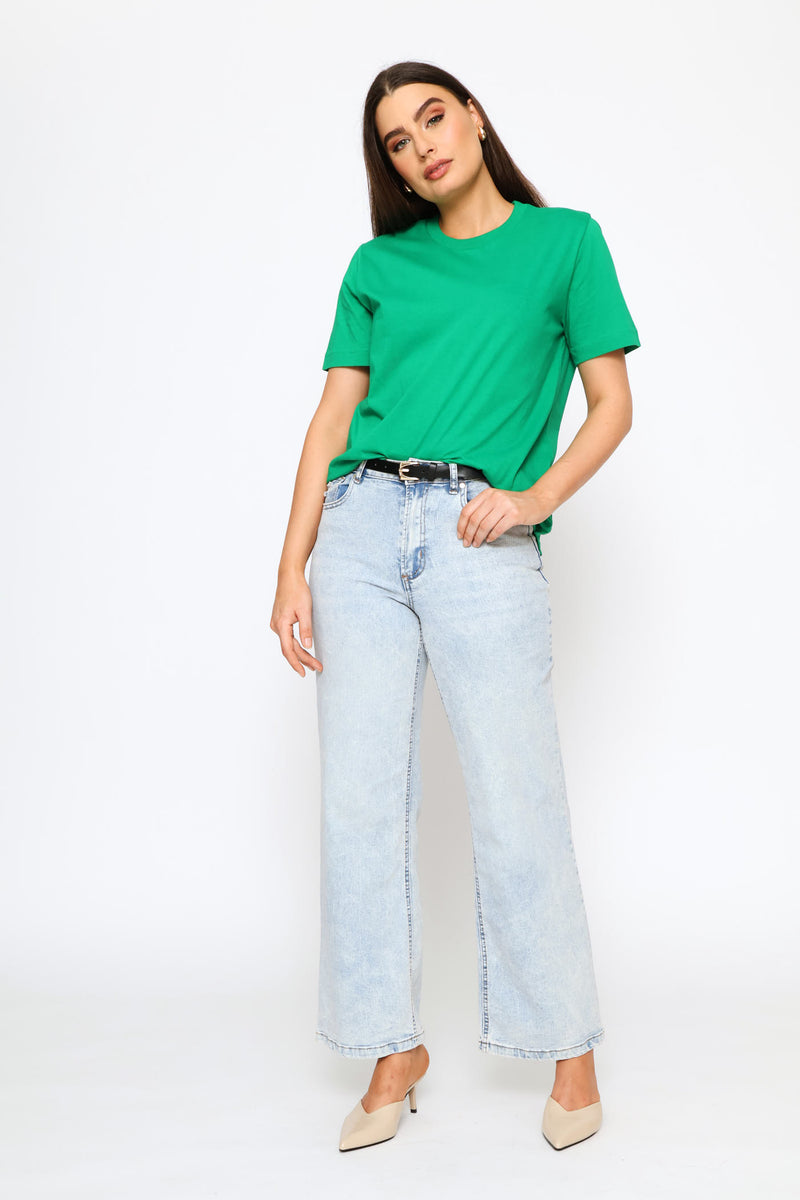 Rib Neck Cotton Boxy Tee - Emerald