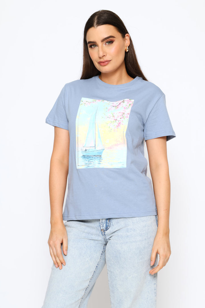Watercolour Sailboat Tee - Denim