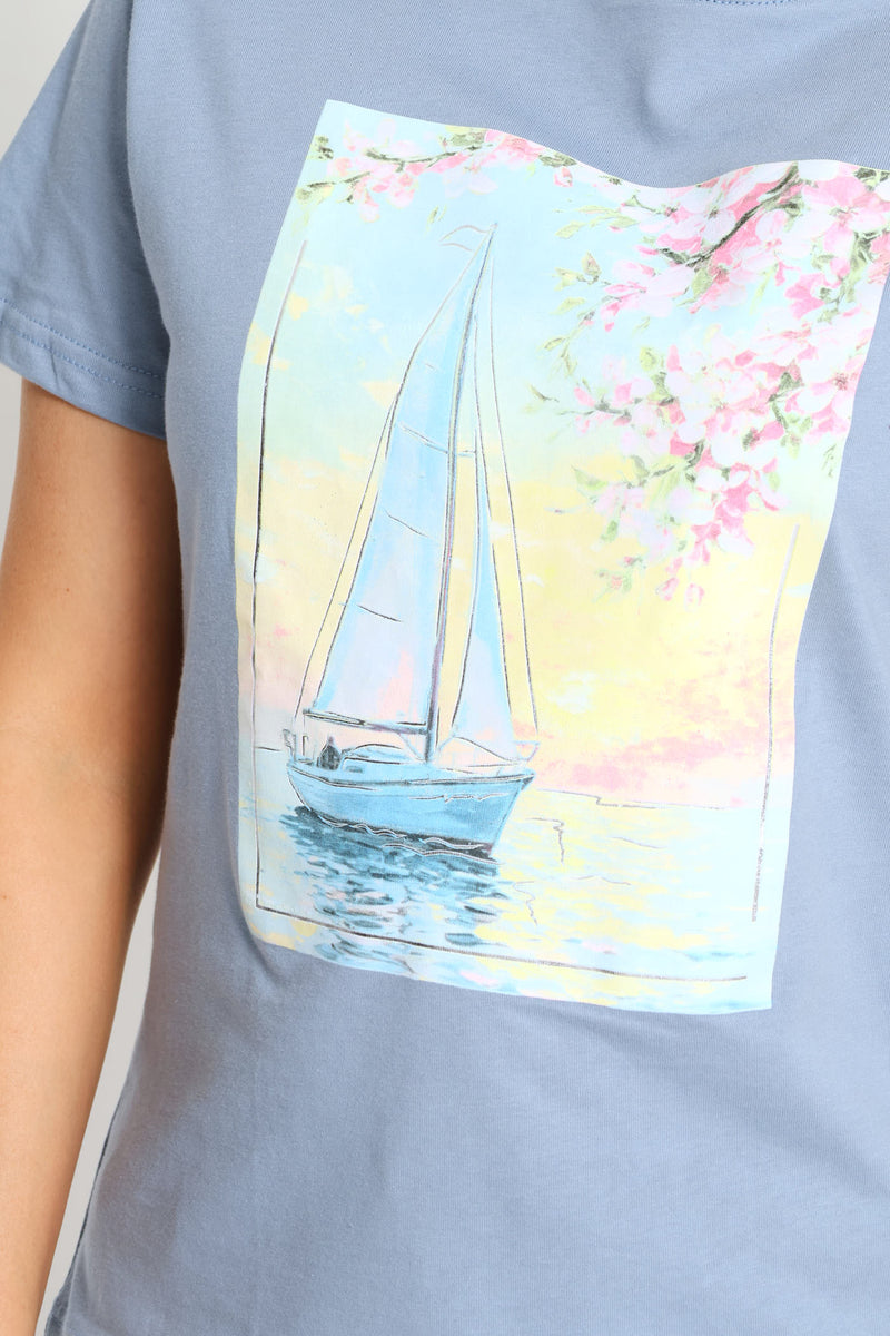 Watercolour Sailboat Tee - Denim