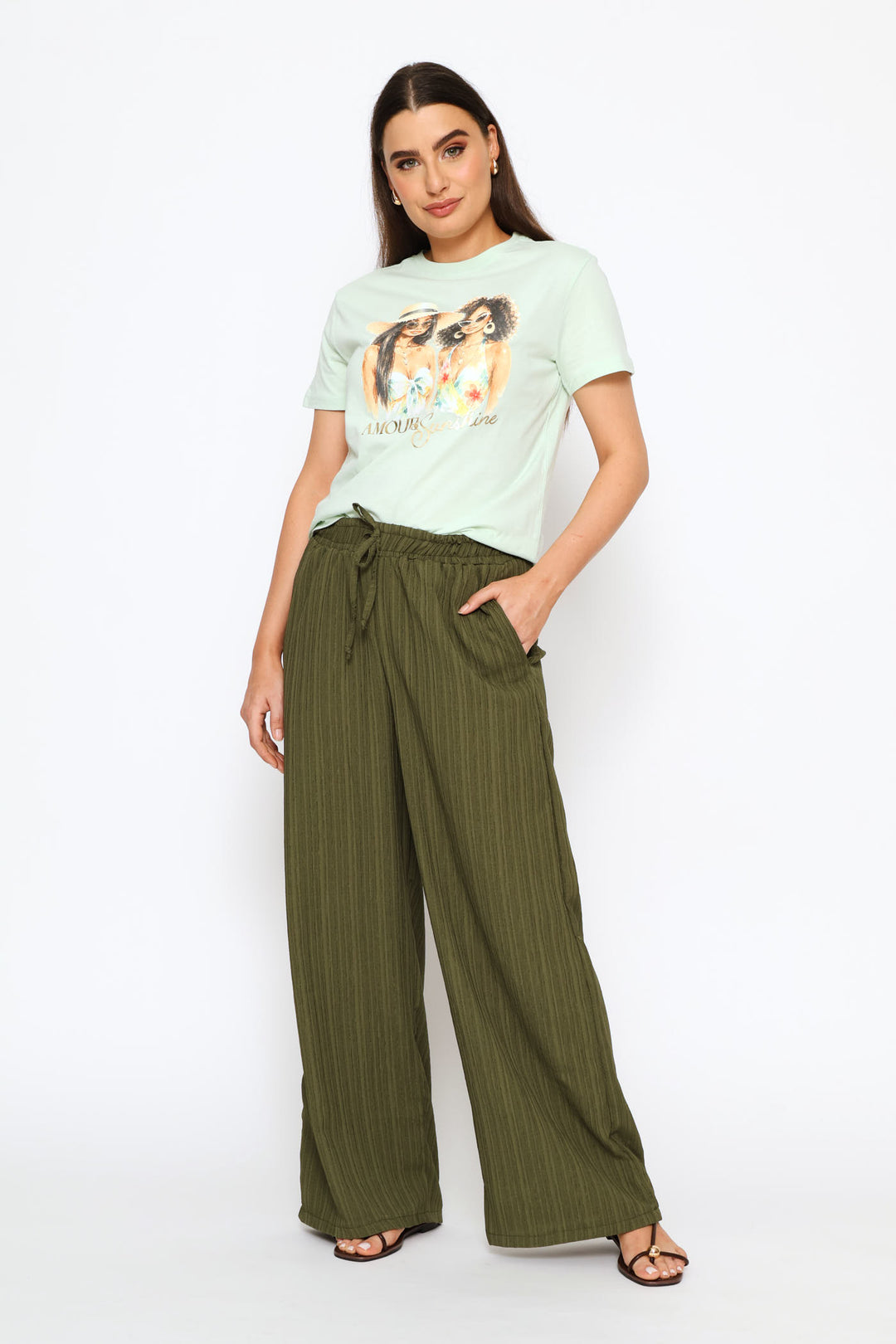 Elasticated Waist Crinkle Knit Pant - Olive