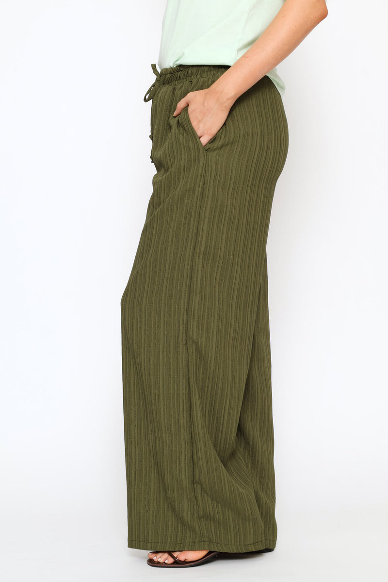 Elasticated Waist Crinkle Knit Pant - Olive