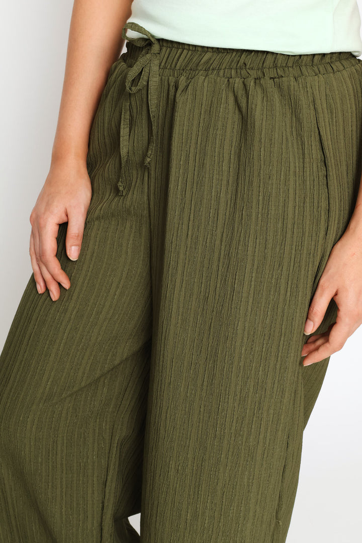 Elasticated Waist Crinkle Knit Pant - Olive