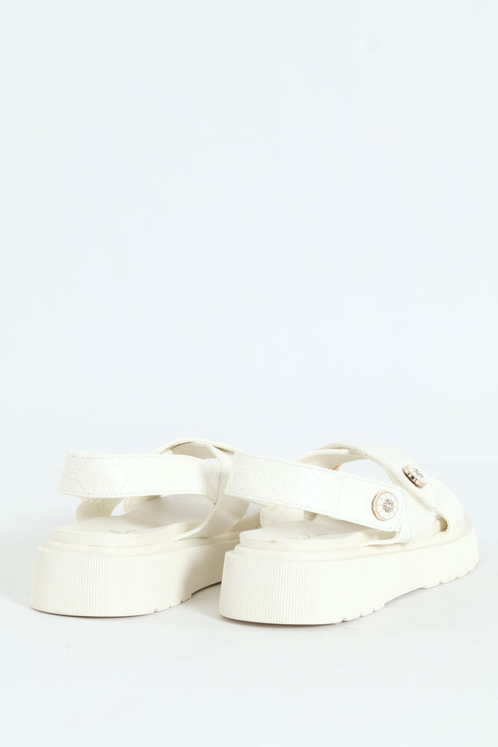 Embossed Wide Crosstrap Mule Sandal With Slingback - White