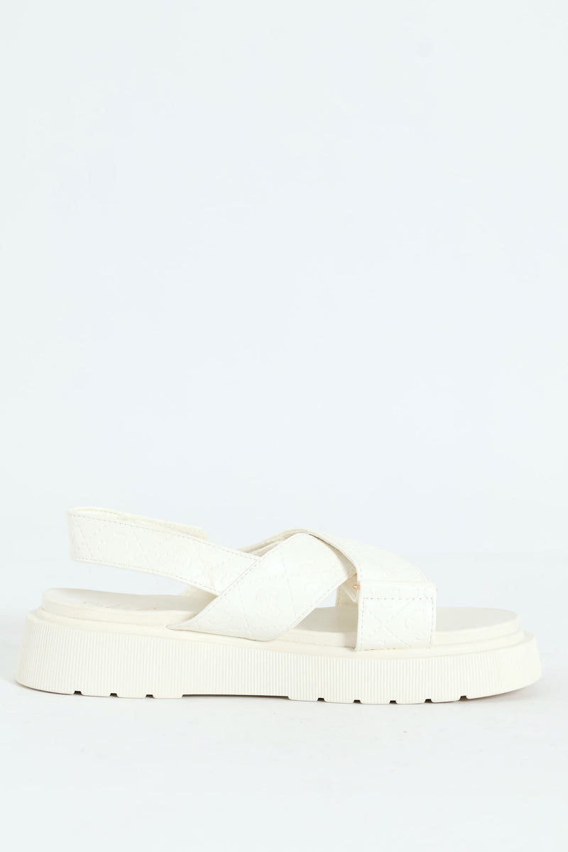 Embossed Wide Crosstrap Mule Sandal With Slingback - White