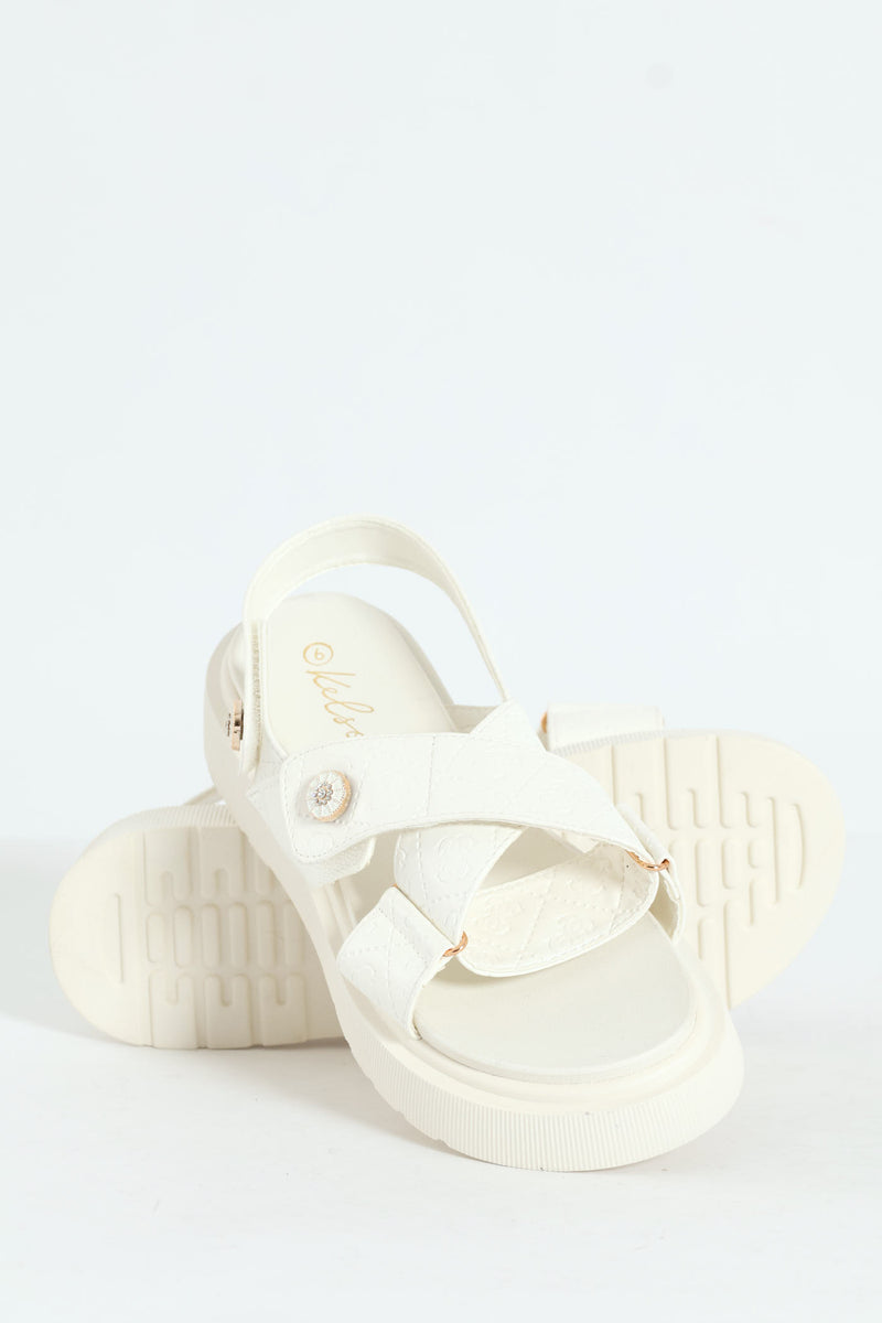 Embossed Wide Crosstrap Mule Sandal With Slingback - White