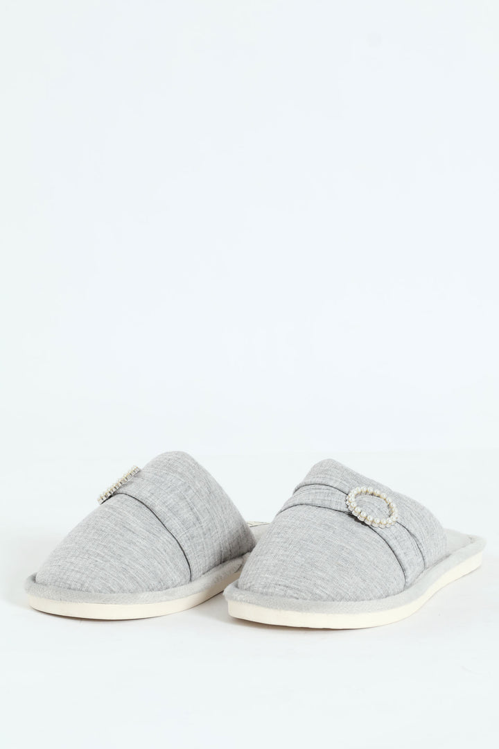 Closed Toe Slipper With Pearl Trim Detail - Grey