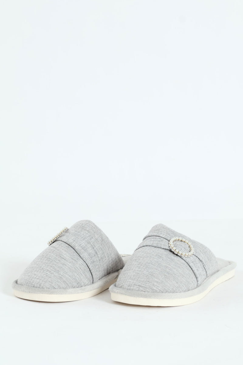 Closed Toe Slipper With Pearl Trim Detail - Grey