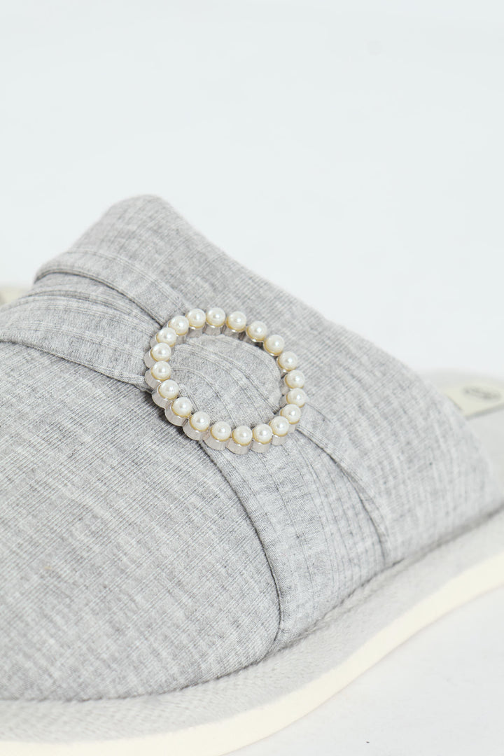 Closed Toe Slipper With Pearl Trim Detail - Grey